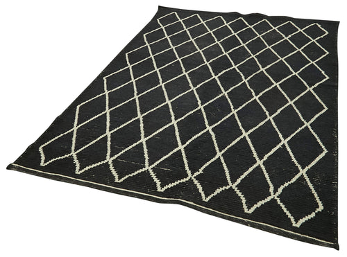 Purpleocco Black Geometric Wool Cotton Handmade Rug 5'5'' x 7'9''