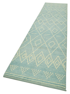 Purpleocco Turquoise Geometric Cotton Wool Handmade Area Rug 2'11'' x 14'7''
