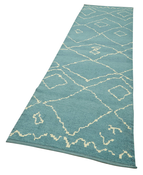 Purpleocco Blue Geometric Cotton Wool Handmade Area Rug 3'1'' x 12'4''