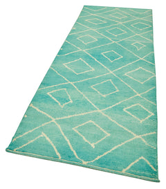 Purpleocco Turquoise Geometric Cotton Wool Handmade Area Rug 3'3'' x 9'9''