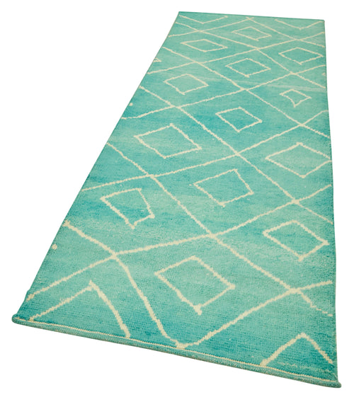 Purpleocco Turquoise Geometric Cotton Wool Handmade Area Rug 3'3'' x 9'9''