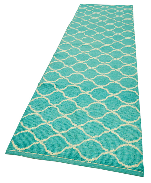 Purpleocco Turquoise Geometric Cotton Wool Handmade Area Rug 3'1'' x 11'10''