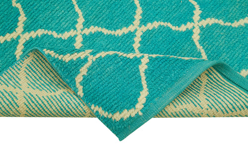 Purpleocco Turquoise Geometric Cotton Wool Handmade Area Rug 3'1'' x 11'10''