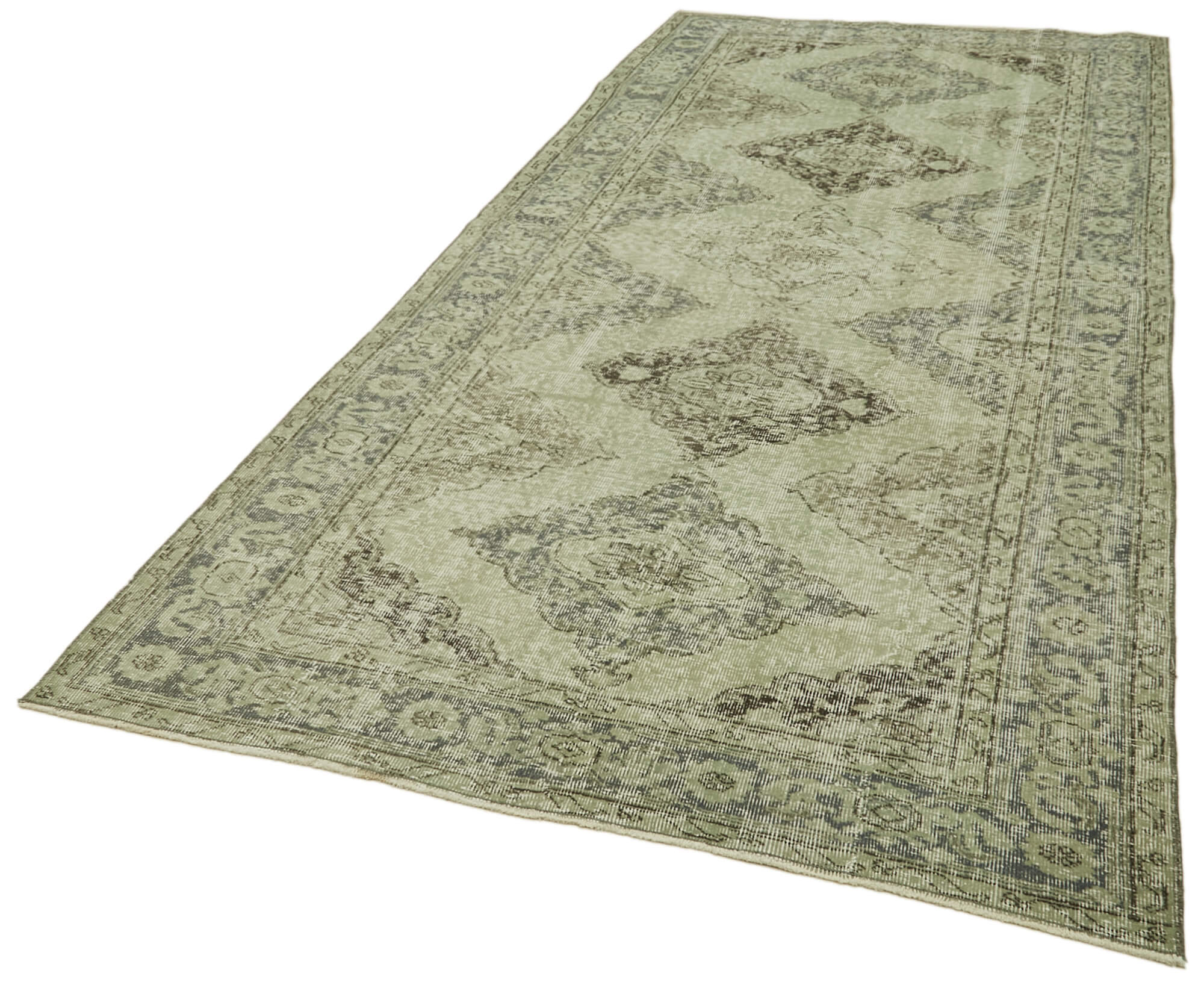 Handmade Vintage Area Rug - Green Cotton Wool Carpet, Turkish Hand Woven Rug 4'11''x11'1''