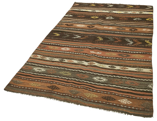 Striped Kilim Brown Striped Goat Hair Handmade Rug 4'6'' x 8'1''