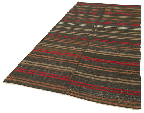 Striped Kilim Brown Striped Goat Hair Handmade Rug 4'9'' x 9'9''