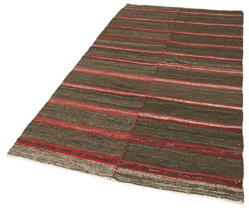 Striped Kilim Brown Striped Goat Hair Handmade Rug 4'3'' x 8'4''