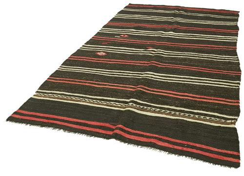 Striped Kilim Brown Striped Goat Hair Handmade Rug 5'7'' x 10'0''
