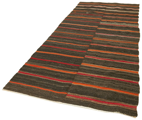 Striped Kilim Brown Striped Goat Hair Handmade Rug 4'6'' x 10'6''
