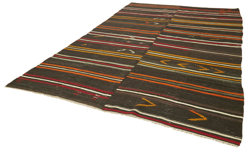 Striped Kilim Brown Striped Goat Hair Handmade Rug 7'9'' x 11'6''