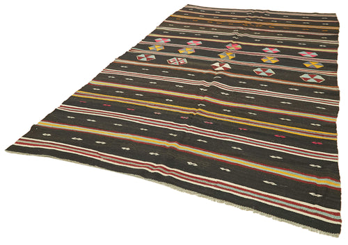 Striped Kilim Brown Striped Goat Hair Handmade Rug 6'6'' x 11'4''
