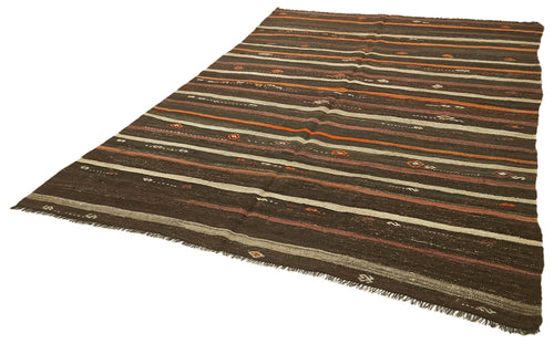 Striped Kilim Brown Striped Goat Hair Handmade Rug 7'1'' x 9'7''