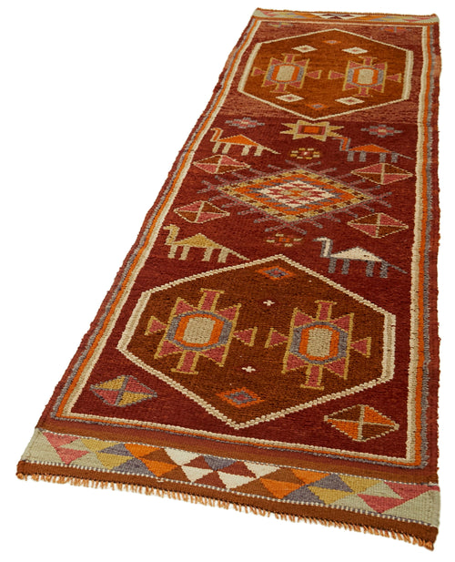 Vintage Herki Red Vintage Cotton Wool Handmade Area Rug 2'11'' x 11'3''