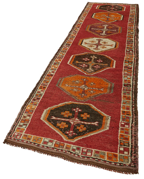 Vintage Herki Red Vintage Cotton Wool Handmade Area Rug 3'2'' x 12'4''