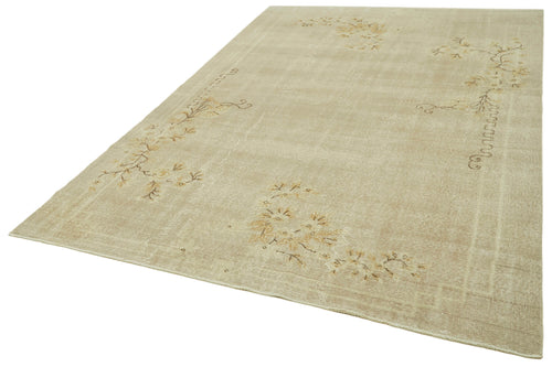 Handmade Area Rug - Vintage Beige Wool Cotton Carpet 6'8" x 10'0" Durable Classic
