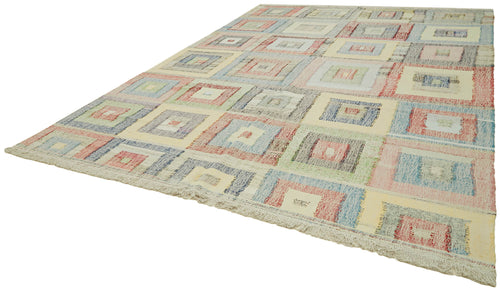 Handmade Area Rug – Beige Geometric Cotton Wool Vintage Handwoven Carpet 10'x13'5''