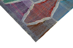 Handmade Area Rug - Blue Geometric Cotton Wool Vintage Turkish Carpet 8'7"x11'11"