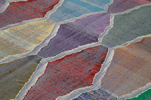 Handmade Area Rug - Blue Geometric Cotton Wool Vintage Turkish Carpet 8'7"x11'11"