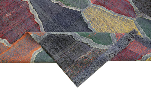 Handmade Area Rug - Blue Geometric Cotton Wool Vintage Turkish Carpet 8'7"x11'11"