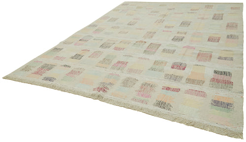 Handmade Area Rug - Beige Geometric Cotton Wool Vintage Handwoven Carpet 9'1'' x 11'11''