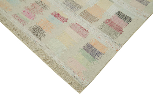 Handmade Area Rug - Beige Geometric Cotton Wool Vintage Handwoven Carpet 9'1'' x 11'11''