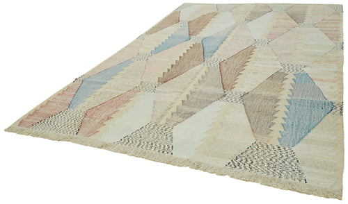 Scrap Beige Geometric Cotton Wool Handmade Area Rug 8'2'' x 11'11''