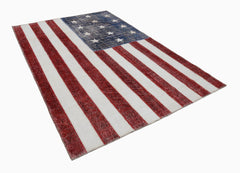 Flag Patchwork Red Figured Cotton Wool Handmade Area Rug 6'7'' x 9'10''