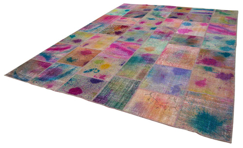 Handmade Area Rug – Pink Patchwork Cotton Wool Vintage Hand Woven Carpet 10'1" x 13'3"