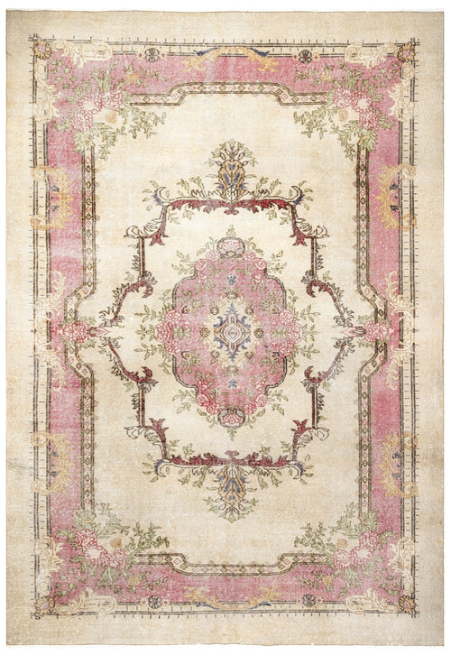 Handmade Wool Rug – Vintage Beige Medallion Cotton Blend Classic Area Carpet 6'11"x10'4"