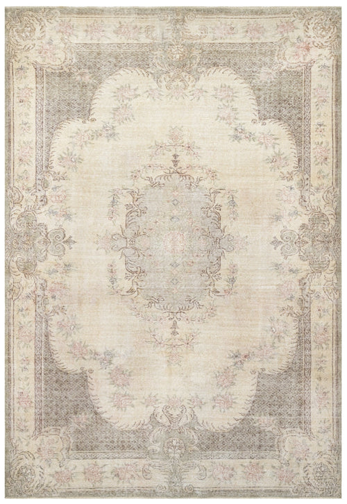 Handmade Wool Cotton Rug – Vintage Beige Medallion Carpet 5'6" x 9'2"