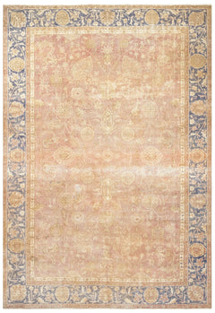 Handmade Wool Rug Vintage Navy Frame 6'6" x 10'9" | Cotton Wool Carpet