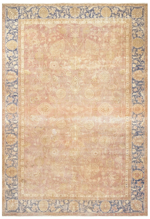 Handmade Wool Rug Vintage Navy Frame 6'6" x 10'9" | Cotton Wool Carpet