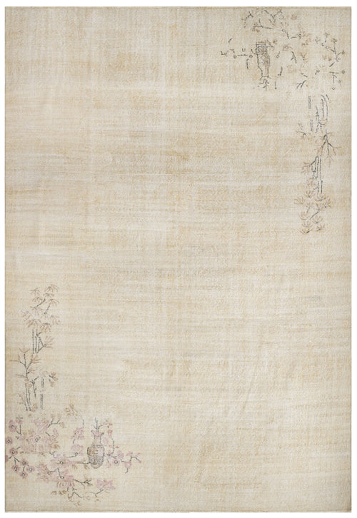 Handmade Wool Rug - Vintage Floral Pattern Cream Cotton Blend Carpet 5'10" x 9'1"