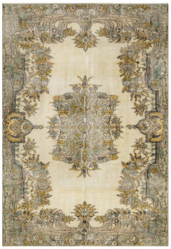 Handmade Wool Rug - Vintage Green Medallion Carpet | Boho Style Floor Covering 5'1" x 8'8"