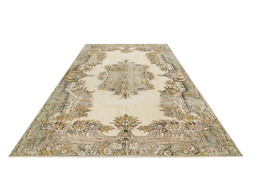 Handmade Wool Rug - Vintage Green Medallion Carpet | Boho Style Floor Covering 5'1" x 8'8"