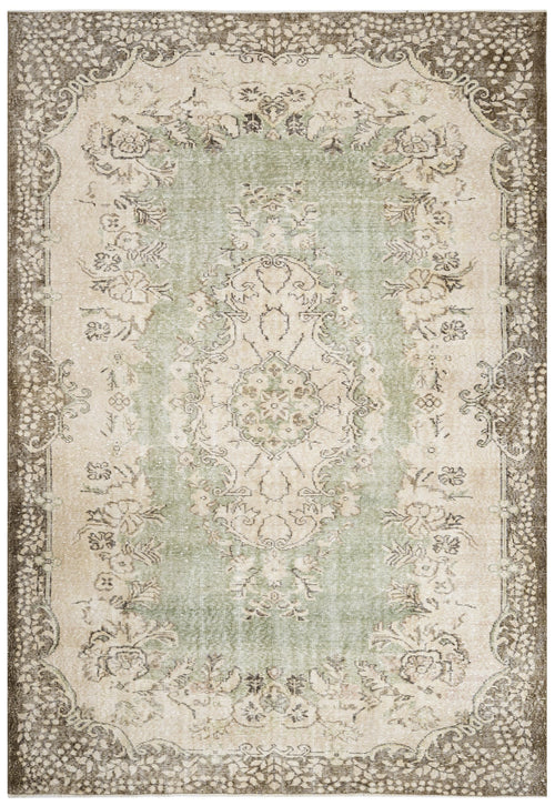 Handmade Wool Rug Vintage Green Medallion Carpet 6'7" x 9'10" - Soft Durable Blend