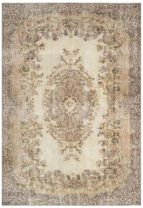 Handmade Wool Cotton Rug – Vintage Beige Medallion Carpet 5'6" x 8'10"