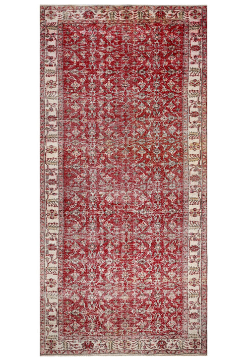 Handmade Wool Rug - Vintage Red Frame Cotton Blend Rug 5x9 Feet for Living Room