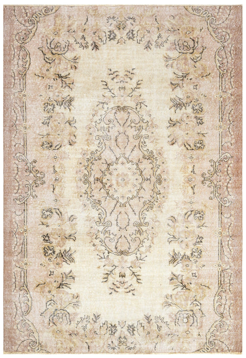 Handmade Wool Cotton Rug – Vintage Cream Medallion Carpet 6'4" x 9'8"