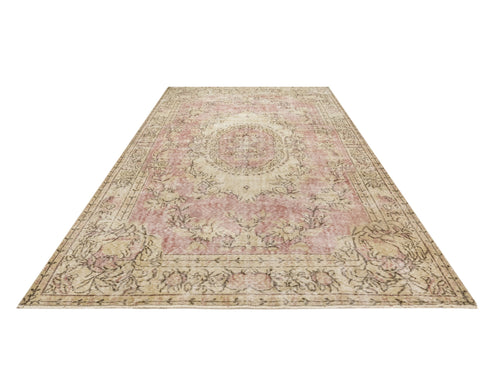 Handmade Wool Rug - Vintage Pink Medallion 9'9" x 5'7" Cotton Wool Carpet