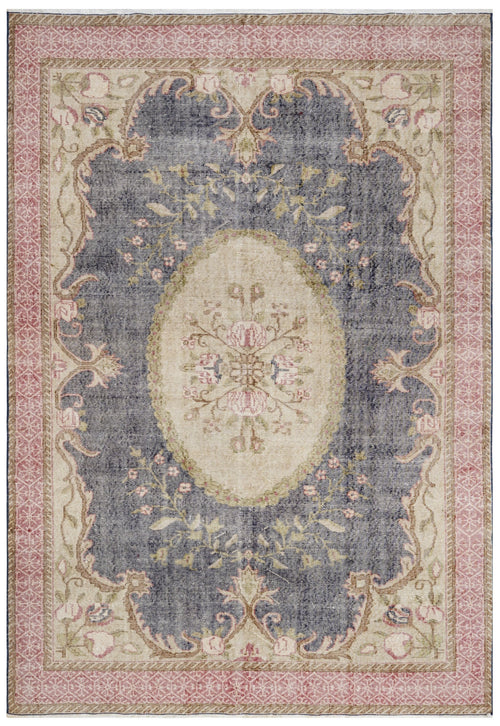 Handmade Wool Rug - Vintage Navy Medallion Pattern 6'9" x 9'7" Cotton Carpet