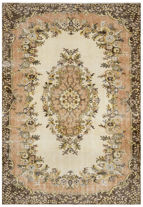 Handmade Wool Cotton Rug - Vintage Brown Medallion Carpet 5'2" x 8'11"