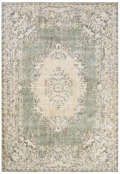 Handmade Wool Rug - Vintage Green Medallion 6'5" x 9'11" Cotton Blend Carpet