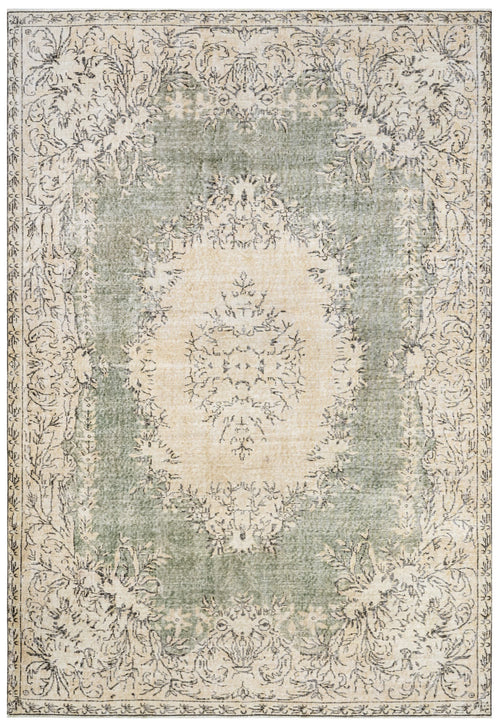 Handmade Wool Rug - Vintage Green Medallion 6'5" x 9'11" Cotton Blend Carpet