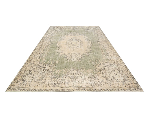 Handmade Wool Rug - Vintage Green Medallion 6'5" x 9'11" Cotton Blend Carpet