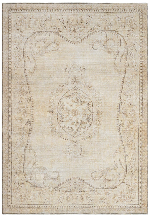 Handmade Wool Cotton Rug – Vintage Beige Medallion Patterned Carpet 4x9 Ft