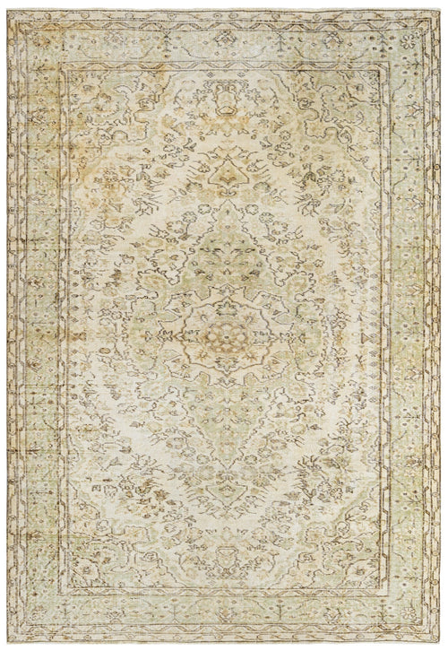 Handmade Wool Rug - Vintage Beige Medallion 9'1" x 5'7" Anatolian Cotton Blend