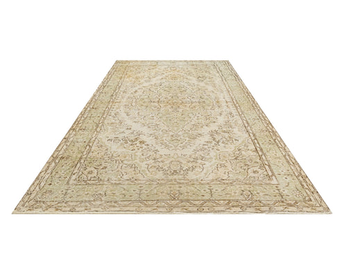 Handmade Wool Rug - Vintage Beige Medallion 9'1" x 5'7" Anatolian Cotton Blend