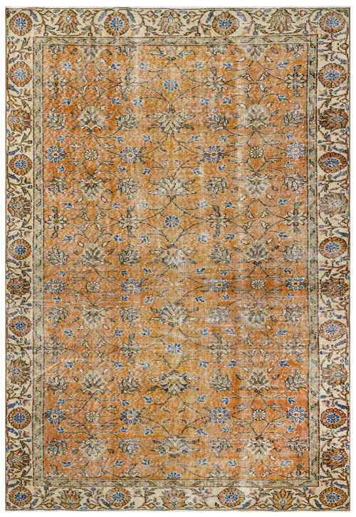 Handmade Wool Rug | Vintage Orange Frame Cotton Wool Blend Carpet 6'10" x 10'7"
