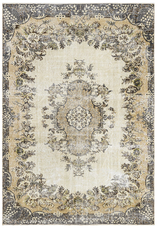 Handmade Wool Cotton Rug – Vintage Brown Medallion Carpet 7'1" x 10'4"